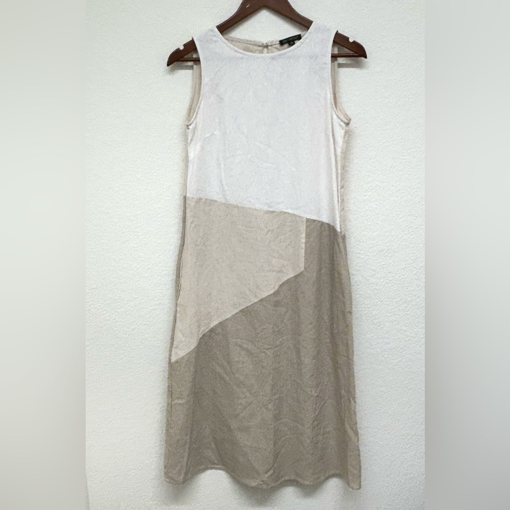 For Cynthia Sleeveless Colorblock Linen Dress in White and Beige
